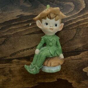 Ceramic Pixie Elf Figurine on Mushroom Lefton Collectible